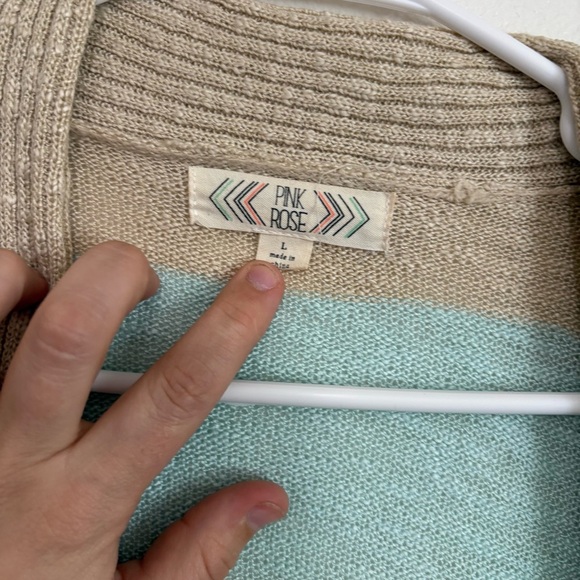 Pink rose, teal and cream striped 3/4 sleeve open front cardigan size large - Picture 3 of 4
